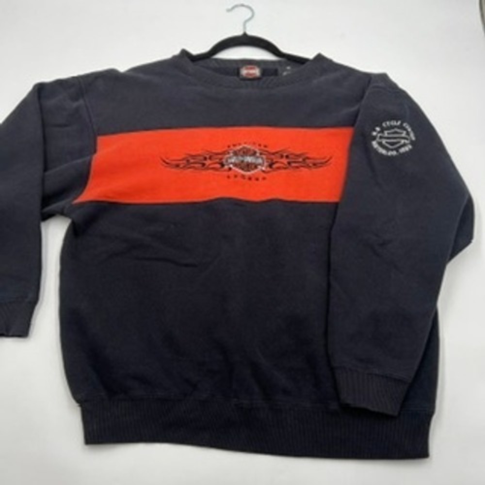 Harley Davidson Mens Crewneck Sweatshirt Black Orange Tribal Flame Logo Medium